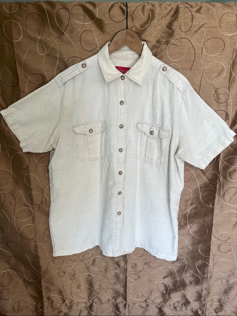 Venezia Jeans Linen Cotton Safari Utility Button Shirt Women's 14/16 Tan Beige
